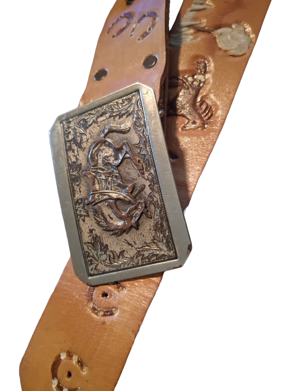 Vingate Leather Western Belt with Metal Buckle Bucking. Hand Painted Mens XL